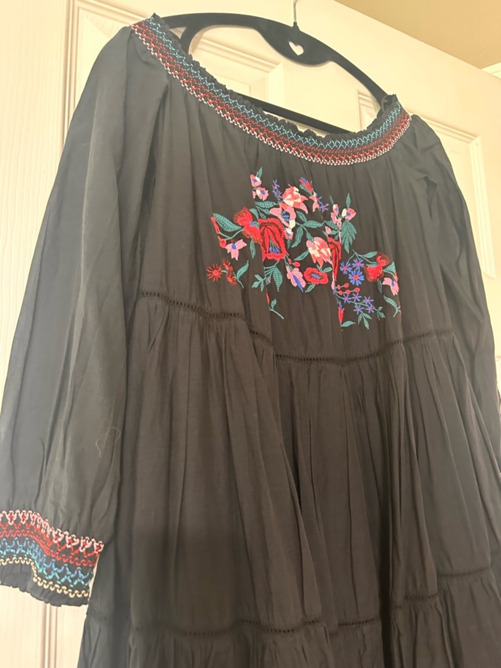 Free People Black Off-Shoulder Dress with Multicolor Floral Embroidery - Picture 4 of 8